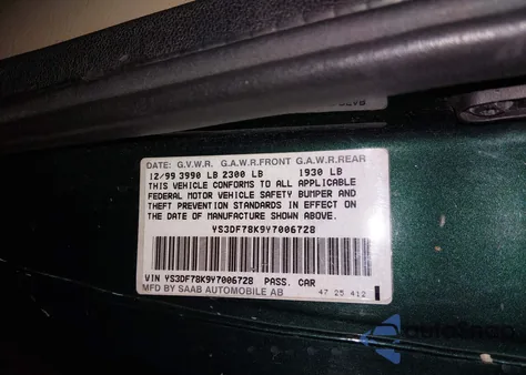 2000 Saab 9-3 Se z USA, uszkodzony, nr VIN YS3DF78K9Y7006728